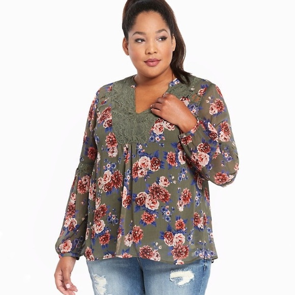 torrid Green Floral Print Chiffon Lace Inset Top Size M/L Boho Winter - Picture 2 of 10